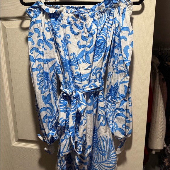 Lilly Pulitzer Jamielynn Off the Shoulder Blue and White Floral Dress - Picture 3 of 4